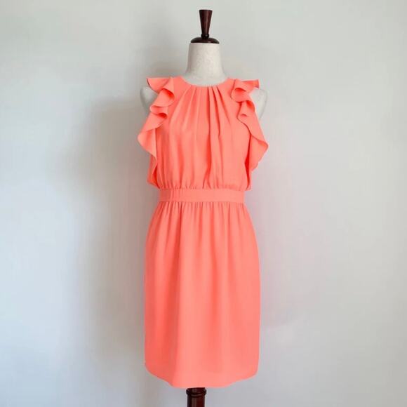 Shoshanna Katrina Neon Orange Ruffle Cap Sleeve Sheath Mini Dress - Picture 1 of 10
